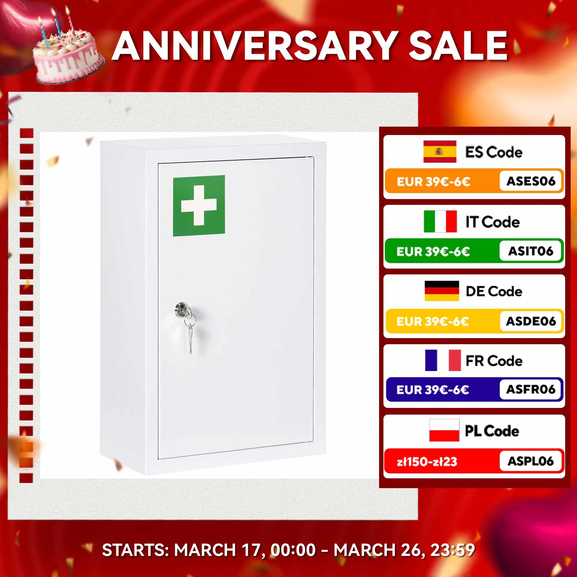 kleankin Armario Botiquín de Pared Armario de Medicinas de Acero Armario de Primeros con 2 Estantes de Almacenamiento y 2 Llaves para Baño 30x14x46 cm Blanco