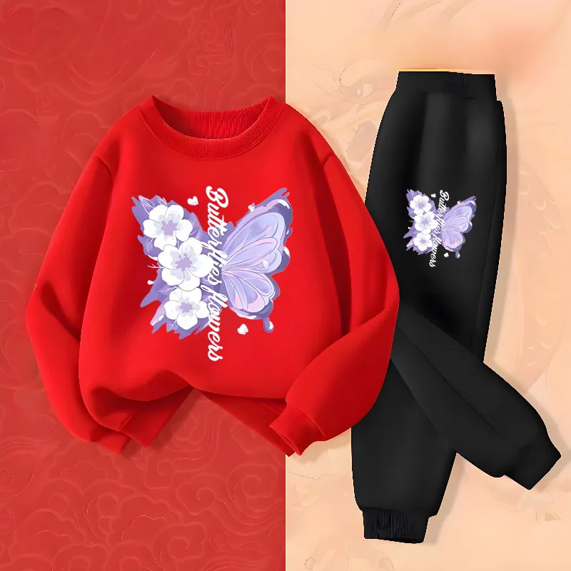 Conjuntos de dos piezas de pantalones largos de manga larga para niñas, sudaderas con capucha con estampado de mariposas elegantes, traje, trajes para niños, chándal, primavera - imagen 5