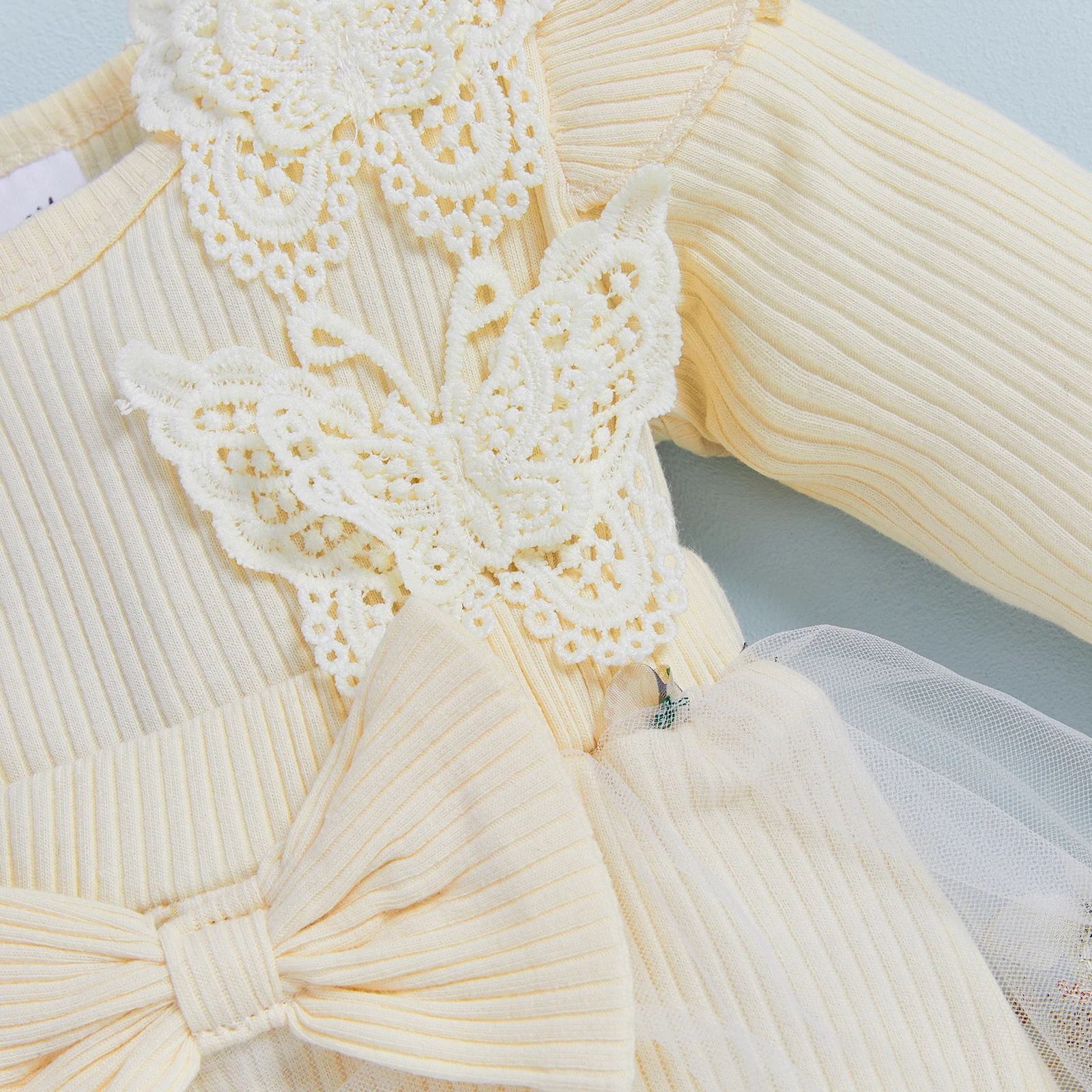 Conjunto de niña recién nacida de manga larga, cuello redondo, bordado de mariposa, vestido mameluco acampanado con diadema con lazo, ropa - imagen 5