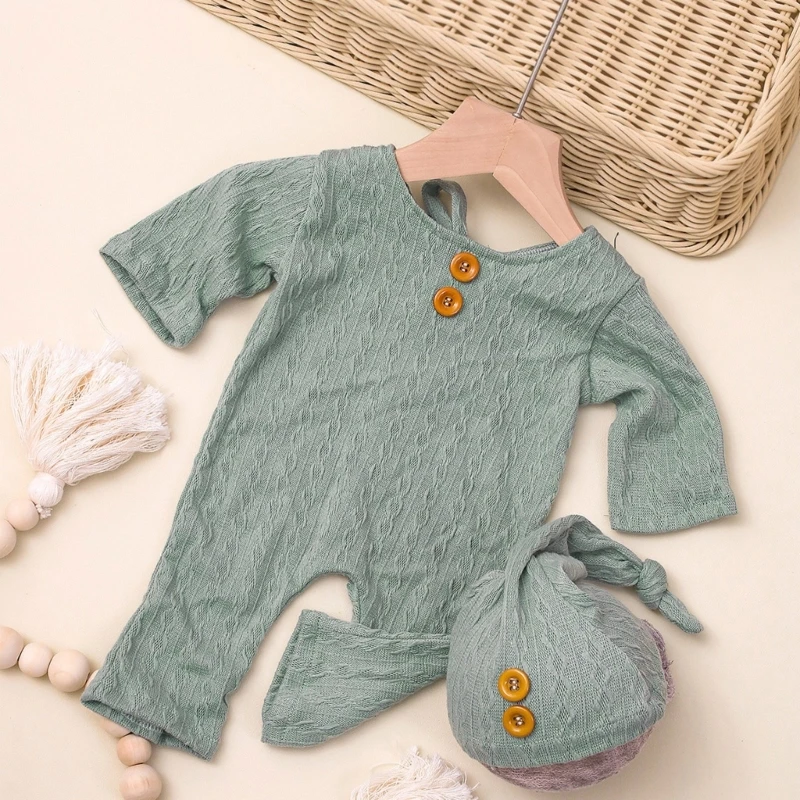 2 unids/set de accesorios para fotografía de niño recién nacido, ropa tejida, mono para bebé, conjunto de sombrero con nudo, mono para sesión de fotos, gorros - imagen 5
