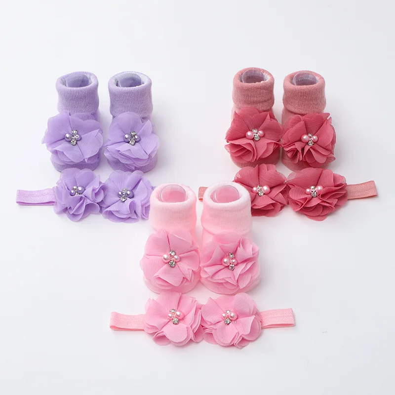 1 Juego de diademas de flores y perlas hechas a mano para recién nacidos, calcetines medios, calcetines suaves para bebés, calcetines con diadema tejidos bonitos para niñas - imagen 4
