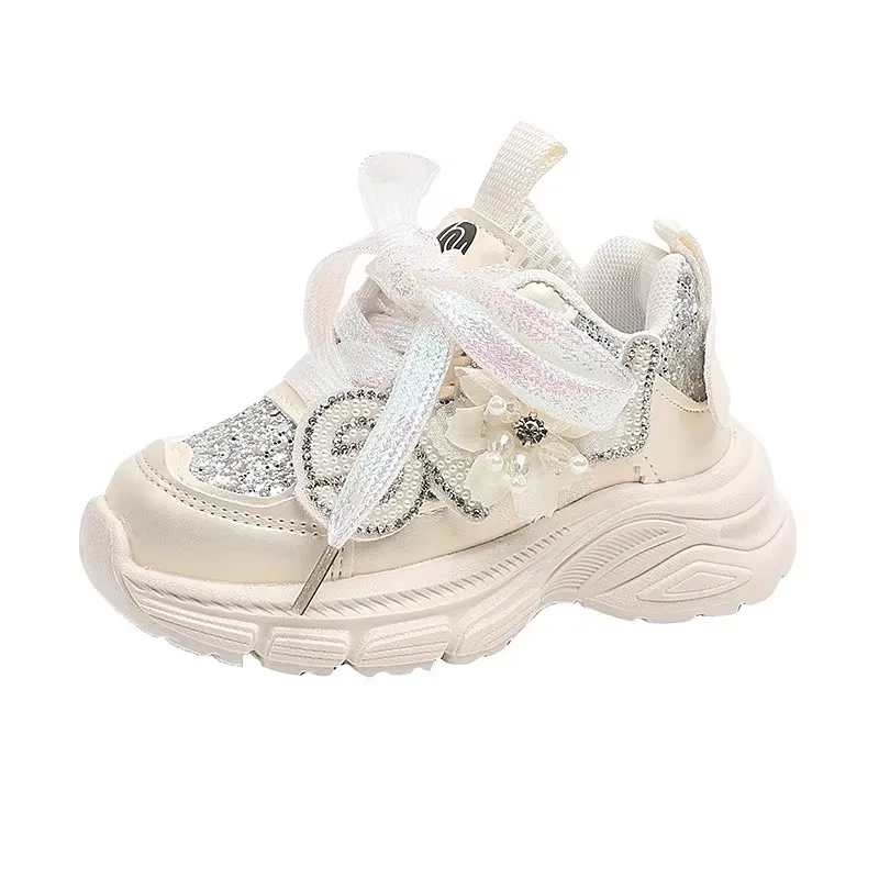 Zapatos de moda para chicas, zapatillas de deporte con diamantes de agua y parte inferior gruesa para niños, zapatos informales sencillos y versátiles con purpurina, Tenis, otoño 2025