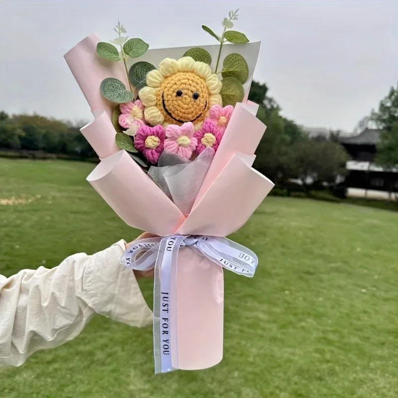 1/2 Uds. Ramo de girasoles de ganchillo hecho a mano, flores artificiales, Festival brillante, boda, día de la madre, cumpleaños, decoración del hogar - imagen 2