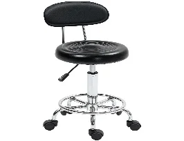 HOMCOM Taburete Giratorio Taburete con Ruedas y Respaldo Taburete de Trabajo con Altura Regulable 70-86 cm Asiento Tapizado de Cuero Sintético Negro