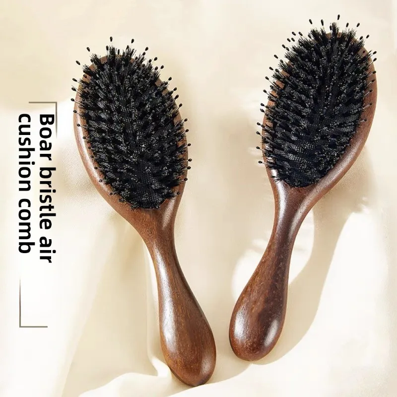 Peine con cojín de aire de cerdas de jabalí de sándalo: masaje del cuero cabelludo y peine meridiano, cabello liso, añade volumen, perfecto para uso doméstico.