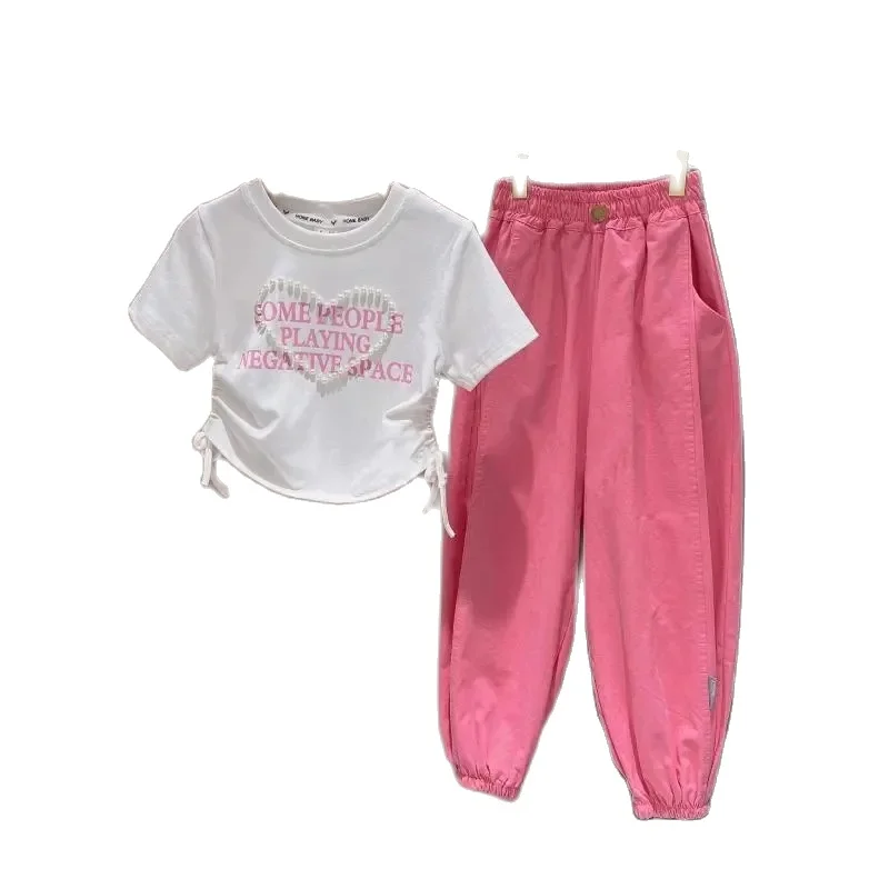 Conjunto infantil cómodo dos piezas blusa corta y pantalón con perlas - imagen 5
