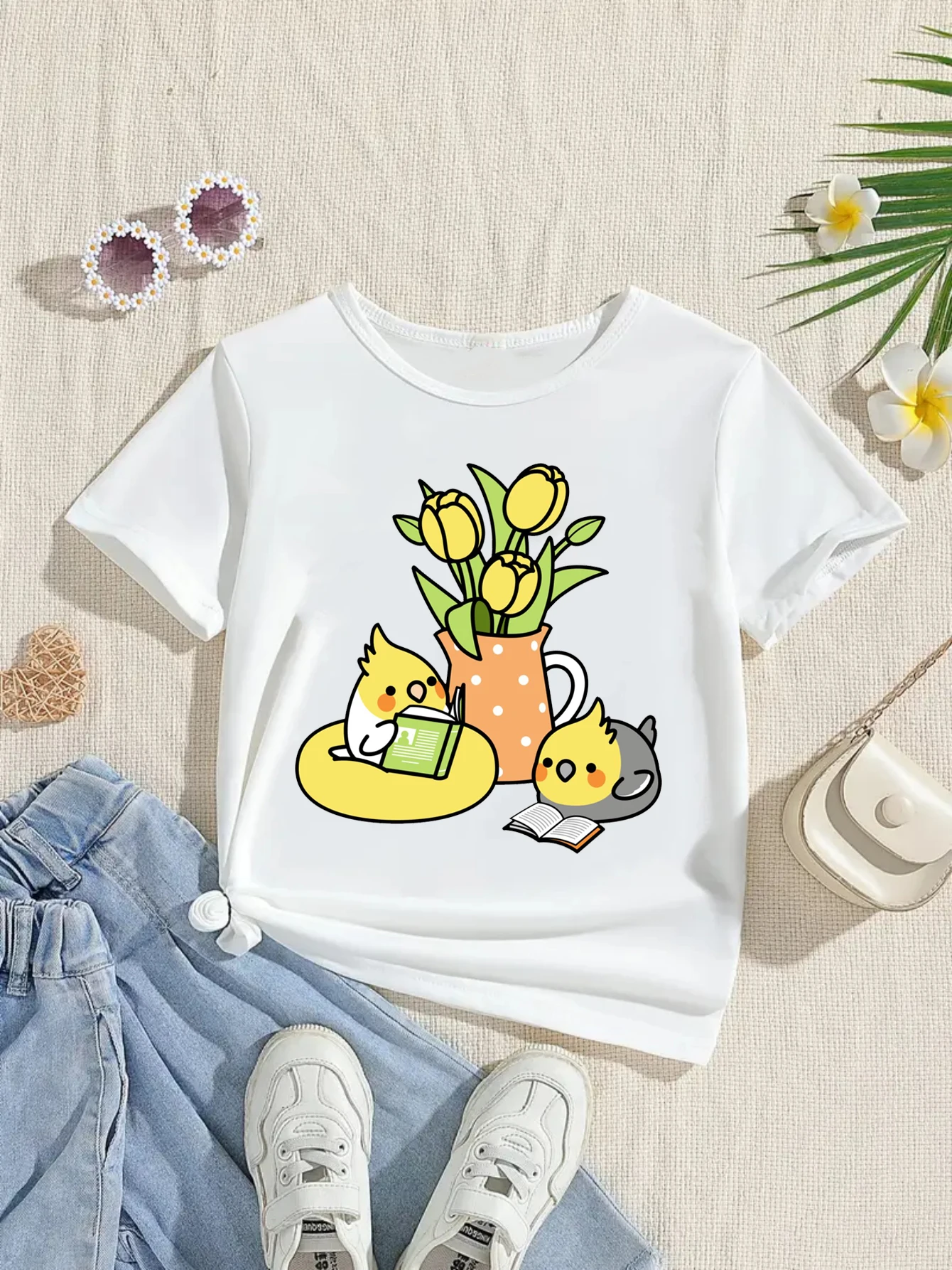 Camiseta con estampado de Cockatiel Loves Reading Flowers, ropa divertida para niñas, camiseta de pájaro Kawaii, camisa de manga corta de verano - imagen 4