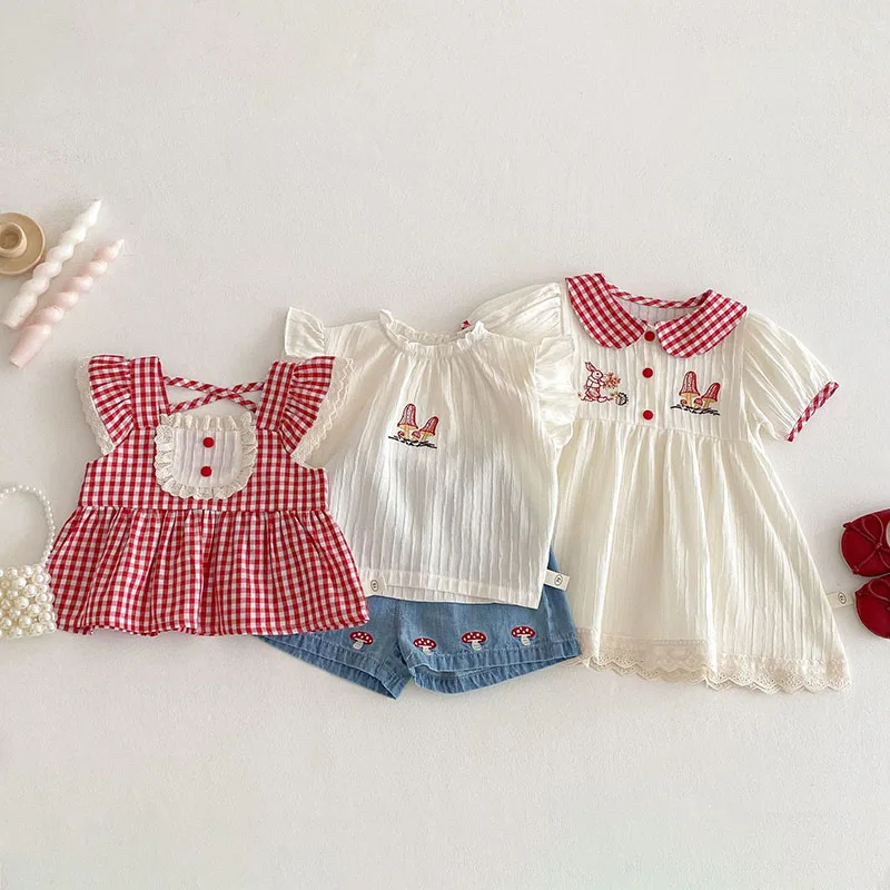 Vestido de setas de conejito de estilo fino dulce para niños 0-5T niñas lindo patrón de cuadros de encaje Tops camisa para niños - imagen 5