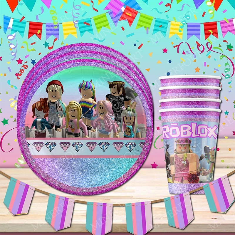 Roblox-platos y vasos de papel para niña, combinación de vajilla de dibujos animados, decoraciones para regalo de fiesta de cumpleaños, Baby Shower, color morado y rosa - imagen 5