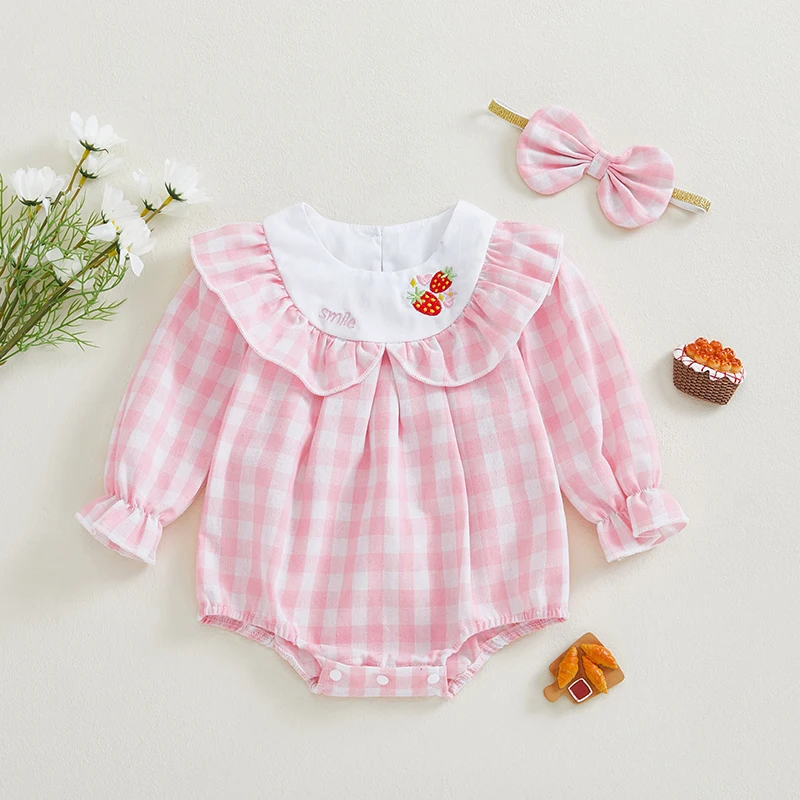 Conjunto bebé niña recién nacida con mameluco a cuadros y diadema - imagen 3