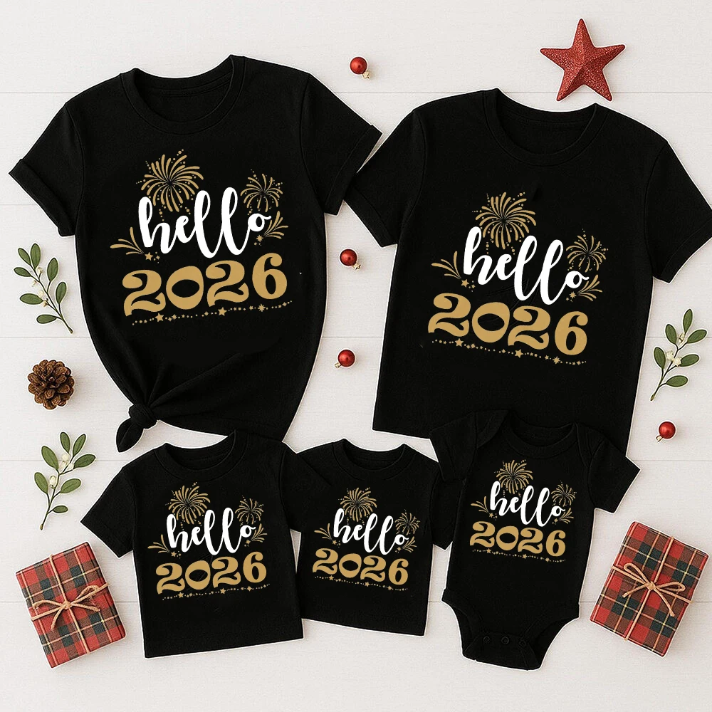 Hola 2026 Feliz Año Nuevo papá mamá niños camisetas ropa de vacaciones familia Año Nuevo Tops a juego traje