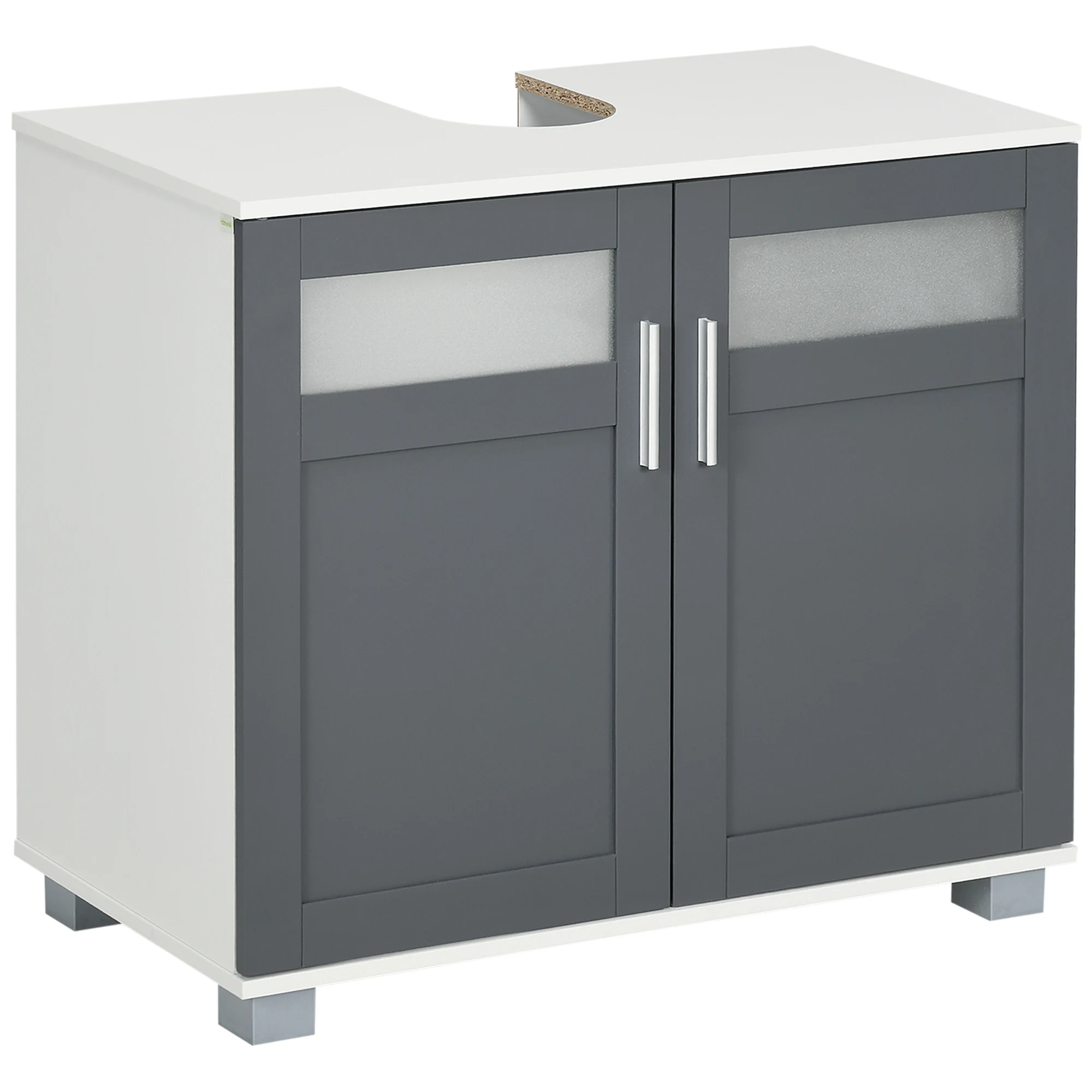 kleankin Mueble para Debajo del Lavabo Armario de Baño Bajo Lavabo con 2 Puertas de Vidrio Templado y Estante Ajustable 69x35x59 cm Blanco y Gris