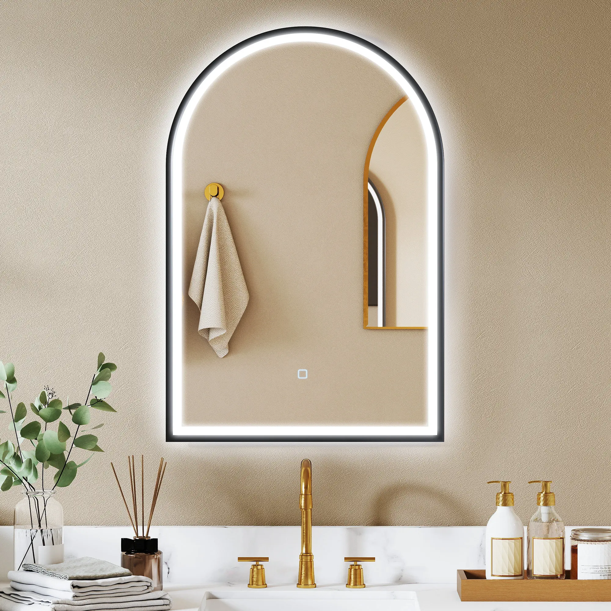 HOMCOM Espejo de Baño con Luz, 60x90 cm, Espejo de Pared Arqueado, 3 Colores de Luz, Brillo Regulable, Función Antivaho, Memoria, Interruptor Táctil, Marco de Aluminio, IP44, Negro - imagen 2