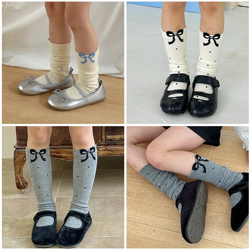 Calcetines coreanos hasta la rodilla para niñas, calcetines holgados de mezcla de algodón con detalle de estampado de lazo para niños grandes, calcetines bonitos hasta la pantorrilla para primavera y otoño - imagen 4