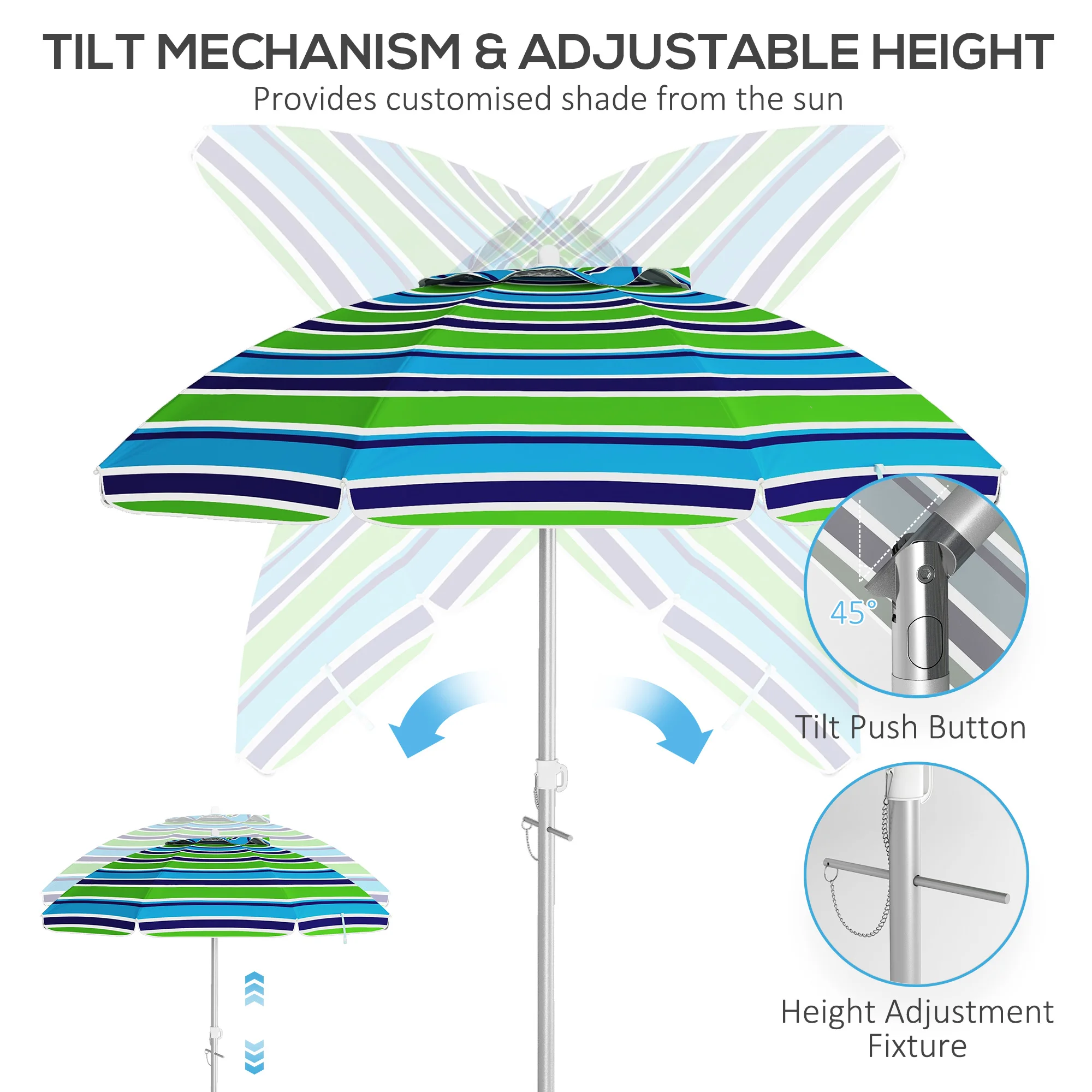 Outsunny Sombrilla de Playa Ø178x205 cm Parasol para Terraza con Reclinación 45° Altura Ajustable Apertura Manual Anti-UV Impermeable y Bolsa de Transporte para Jardín Piscina Multicolor - imagen 5