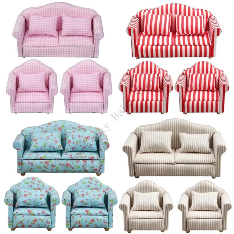 XXFE-muebles para muñecas con marco madera, juego sofás tela para decoración exhibición casa muñecas 1/12