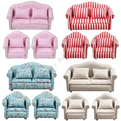 XXFE-muebles para muñecas con marco madera, juego sofás tela para decoración exhibición casa muñecas 1/12