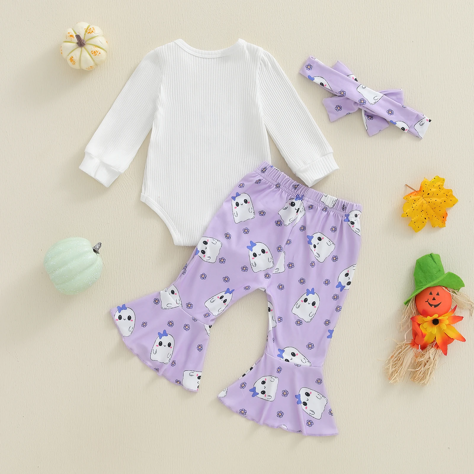 Conjunto de 3 piezas de mameluco de manga larga con estampado de calabaza y diadema de Halloween para niña de 0 a 18 meses - imagen 3