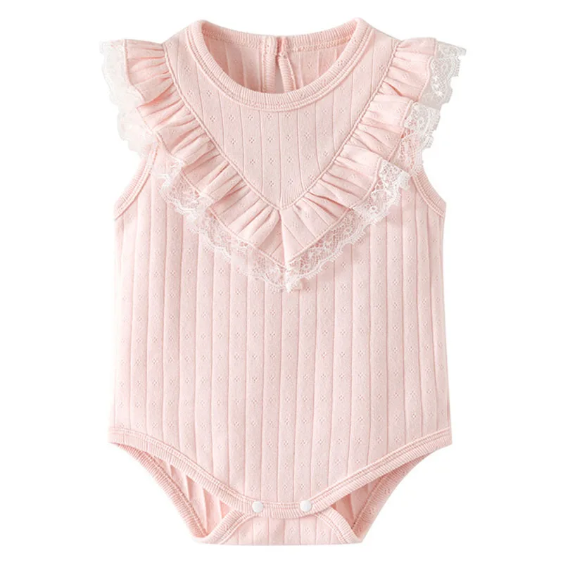 Ropa de verano para niñas recién nacidas, monos rosas de algodón con encaje a la moda coreana, monos sin mangas con cuello en V y cosas para bebés de una pieza B024