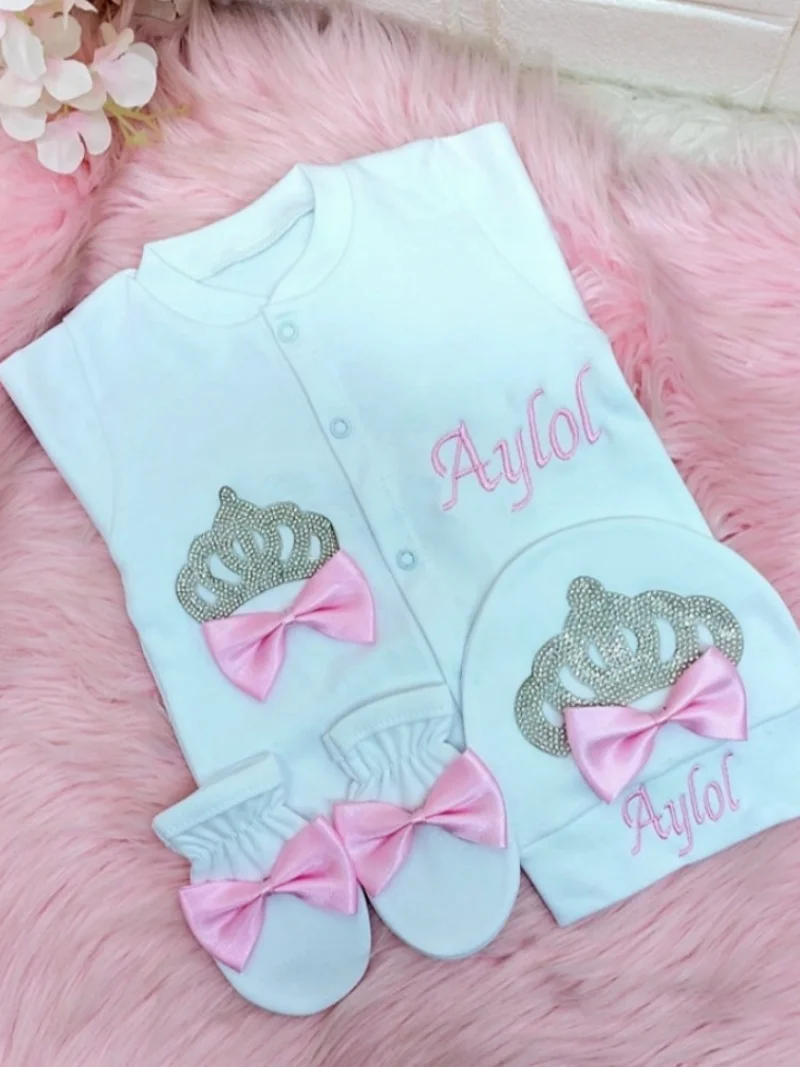 Conjunto de pelele de bebé fucsia hecho a mano, 3 uds., 100% algodón, ropa de nuevo diseño para recién nacido, traje de bebé de lujo de Organza nacarada personalizada preciosa - imagen 4