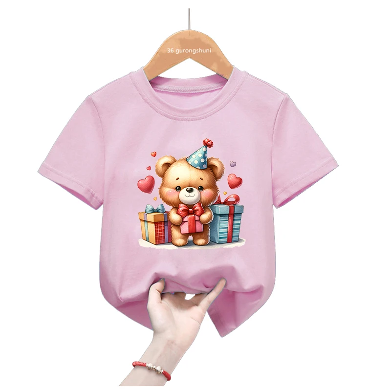 Camiseta con estampado de globo de amor de oso, regalo de cumpleaños para niñas, ropa Kawaii para niños, camiseta Rosa divertida, camiseta de manga corta de verano - imagen 2