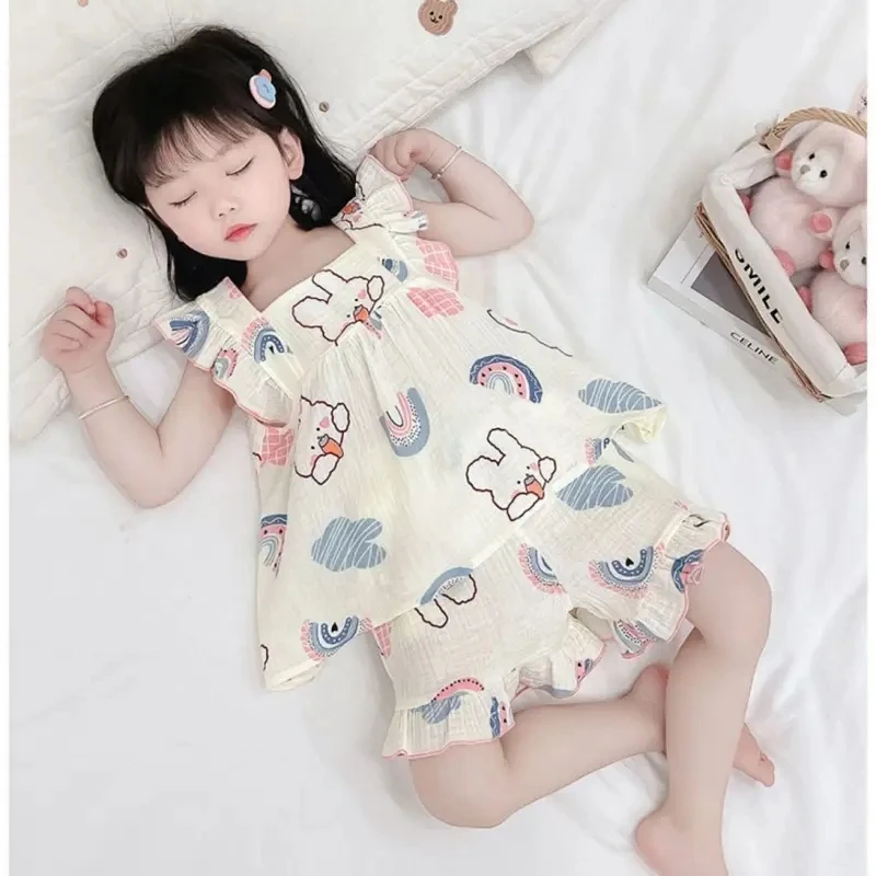 Conjunto de pijama con estampado de dibujos animados para niña, pijamas finos con tirantes, pantalones cortos, ropa para el hogar para niño, conjunto de dos piezas - imagen 3