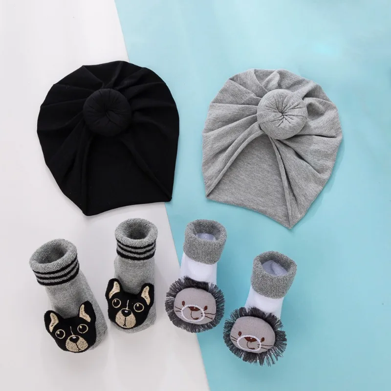 Nuevos calcetines para bebé, conjunto de calcetines antideslizantes con gorros de algodón de animales de peluche para niños y niñas, accesorios de fotografía para gatear