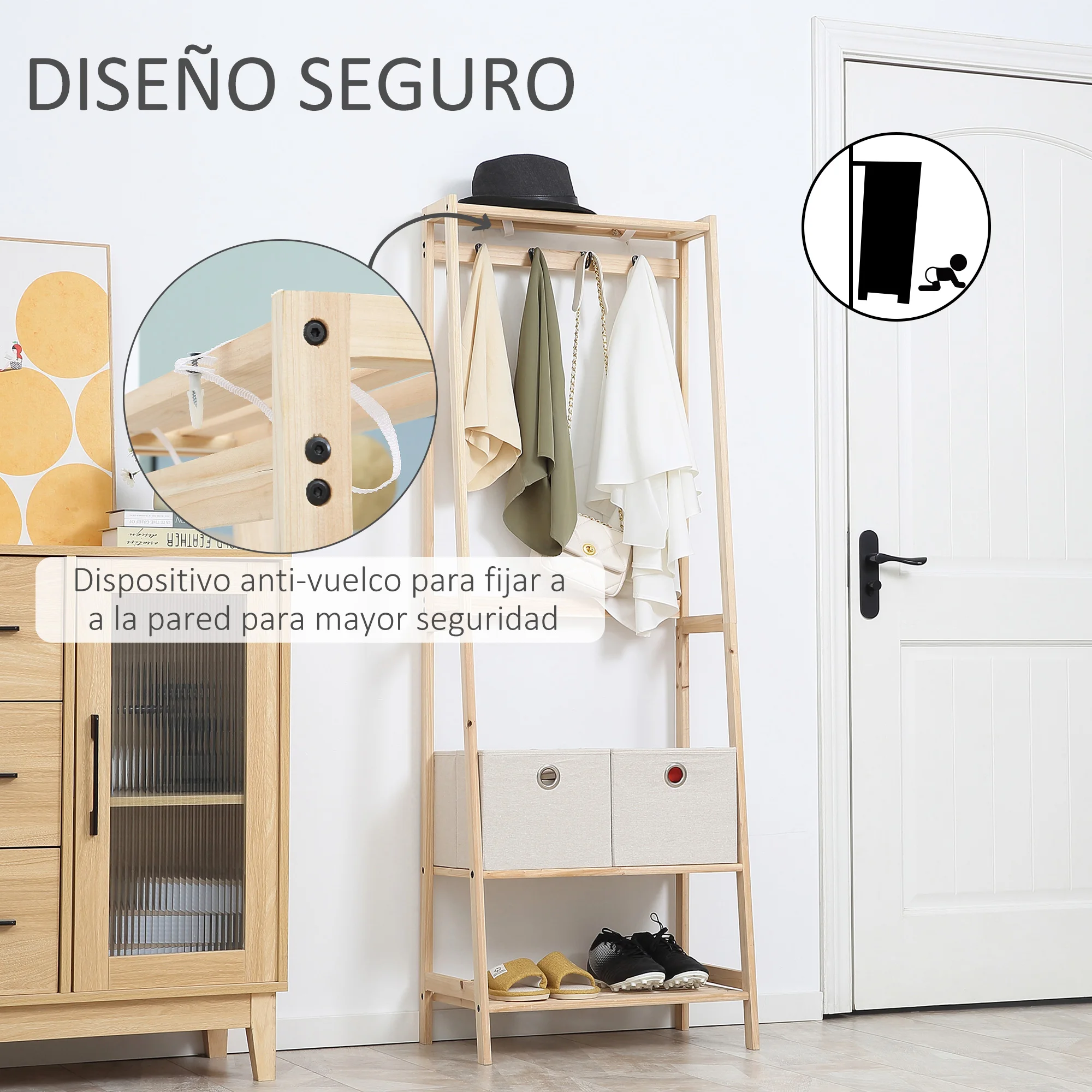 HOMCOM Perchero de Madera con Zapatero de 2 Estantes Perchero de Pie con 2 Cajones de Tela 4 Ganchos y Barra para Colgar Ropa Bolsas para Entrada Salón 58x36x168 cm Natural - imagen 5
