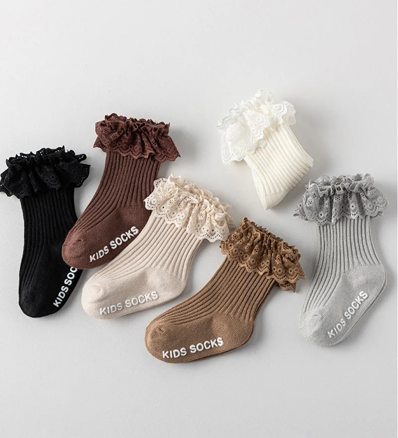 3 pares por lote calcetines hasta la rodilla de primavera para niños 0-5T calcetines antideslizantes de encaje fino para niños calcetines de tubo de Color sólido para niñas