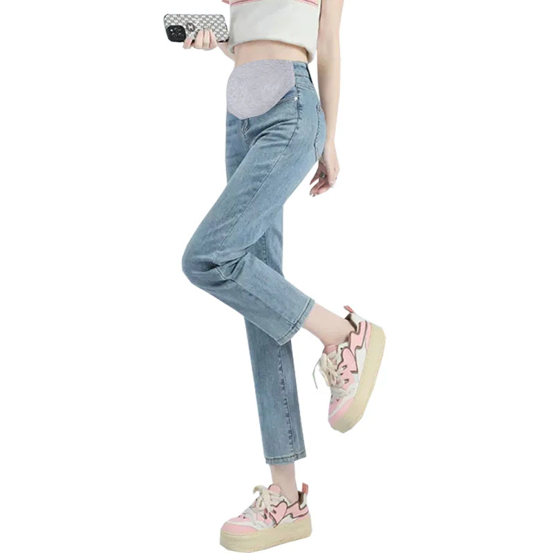 63 #   Otoño nuevo Denim elástico pantalones vaqueros rectos de maternidad 9/10 longitud pantalones delgados del vientre ropa para mujeres embarazadas embarazo Casual - imagen 5