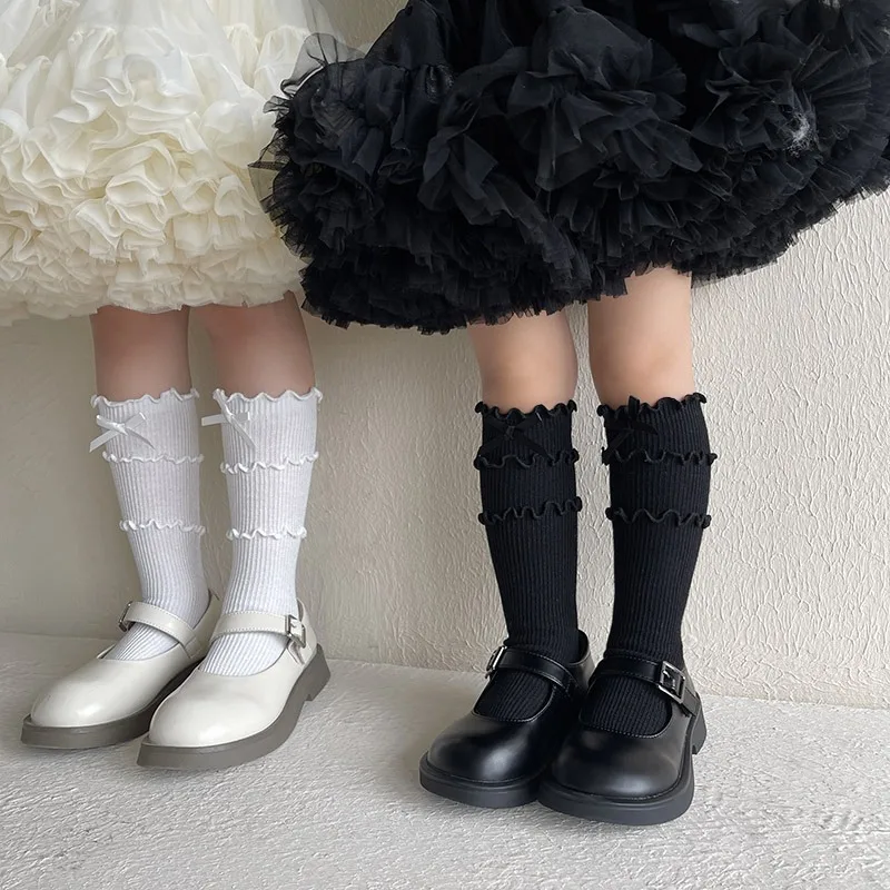 1 par 2024 elegante otoño chica calcetín hasta la pantorrilla moda coreana volante calcetín con lazo para niños calcetines escolares de algodón suave accesorios de ropa - imagen 3