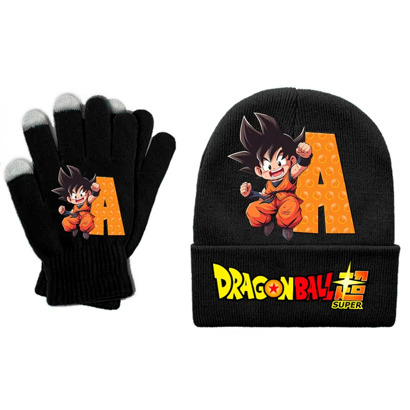 Gorro y guantes de bola de dragones para niño, gorro de punto suave con estampado de letras de Goku de dibujos animados, guante cálido de manos de cinco dedos, regalo para niño de invierno, 2 uds.