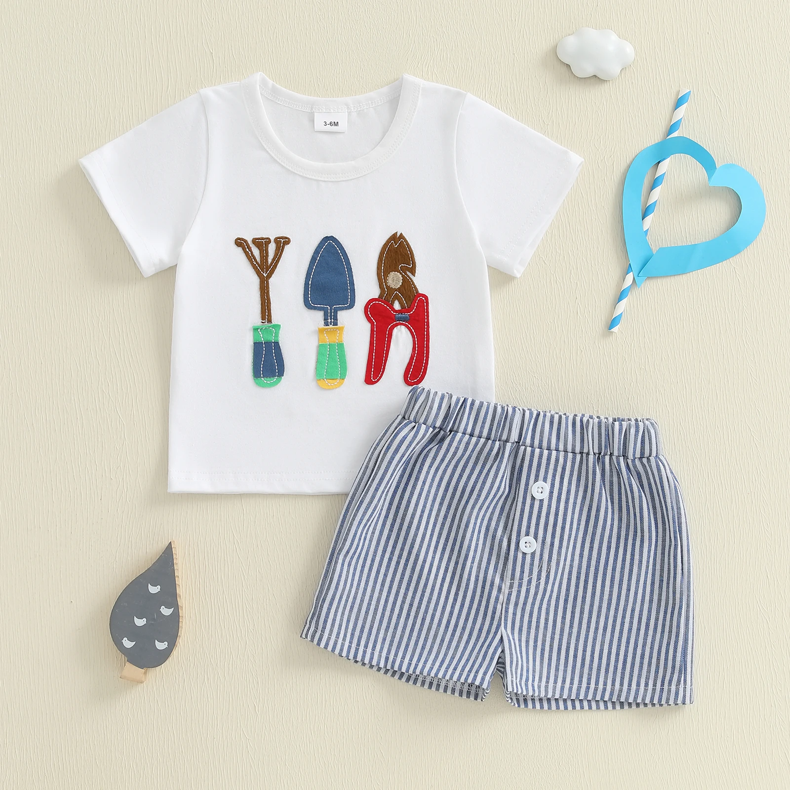 VISgogo-Conjunto de verano para bebé de 1 a 4 años, camiseta de manga corta con cuello redondo y pantalones cortos a rayas, conjunto de 2 uds. - imagen 2