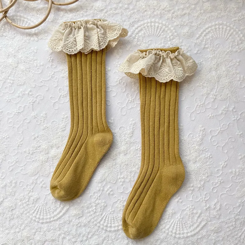 Calcetines de algodón suave hasta la rodilla para niñas, medias largas de encaje con volantes y flores, de princesa, para niños de 0 a 5 años, novedad - imagen 5