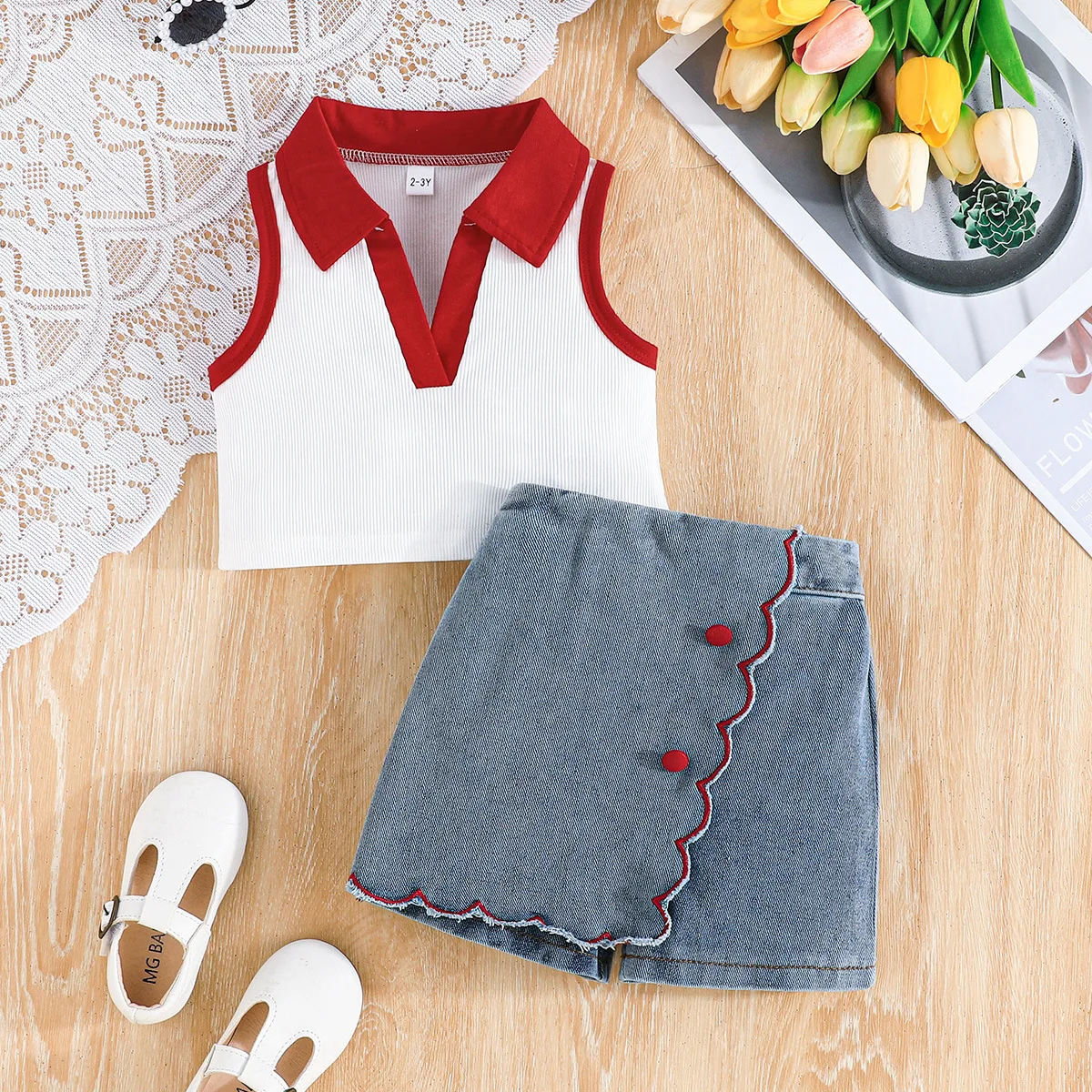 Conjuntos de 2 piezas de verano para niñas, moda coreana, Tops de algodón sin mangas con cuello en V y pantalones cortos vaqueros, ropa de Boutique para niños B032 - imagen 2