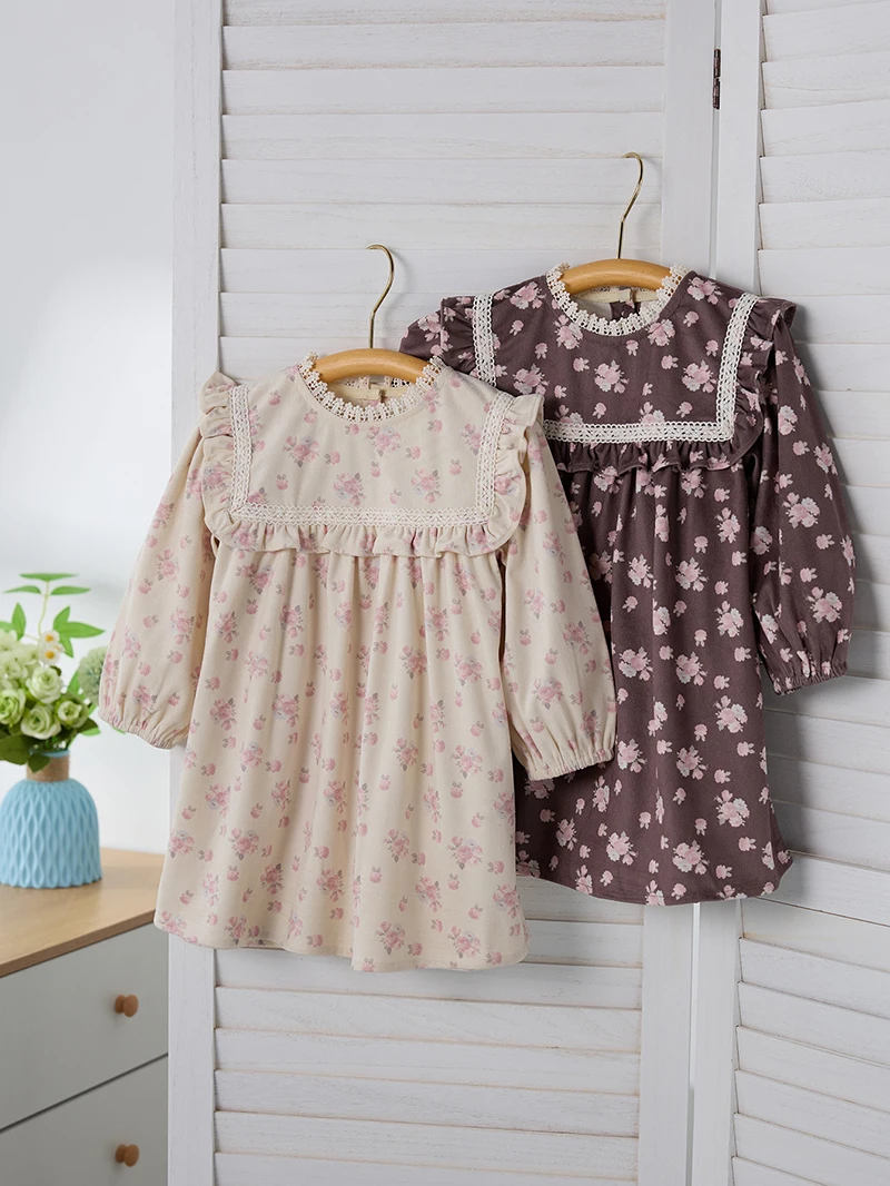 MILANCEL, vestido Floral de primavera para niñas, bonito vestido de manga larga con cuello de encaje para niños, traje informal para niñas, ropa de otoño para niños
