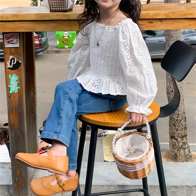 1 pieza de pantalones vaqueros de estilo informal para niñas, pantalones acampanados de mezclilla elásticos de cintura alta, pantalones para niños de primavera y otoño, pantalones vaqueros para niñas