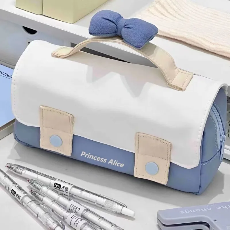 Maletín con lazo de princesa Ins japonés, estuche para lápices, bonito, Simple, de gran capacidad, bolsa para bolígrafos para niñas, papelería, bolsa de maquillaje, suministros escolares - imagen 3