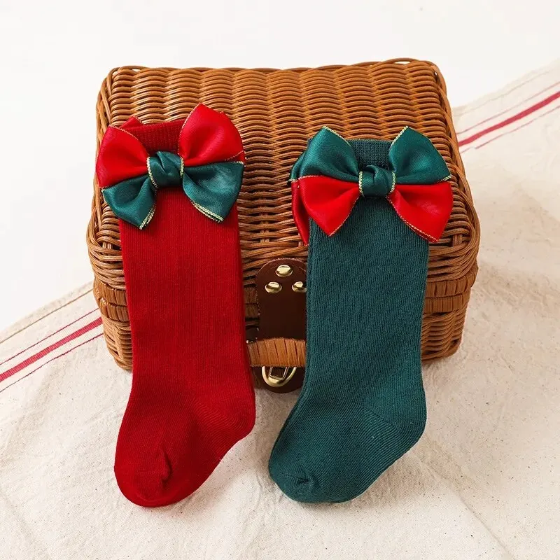 Calcetines de Navidad para bebé y niña, calcetín largo hasta la rodilla con lazo grande rojo, algodón suave, regalo para recién nacido de 0 a 5 años, 2 pares por lote - imagen 3