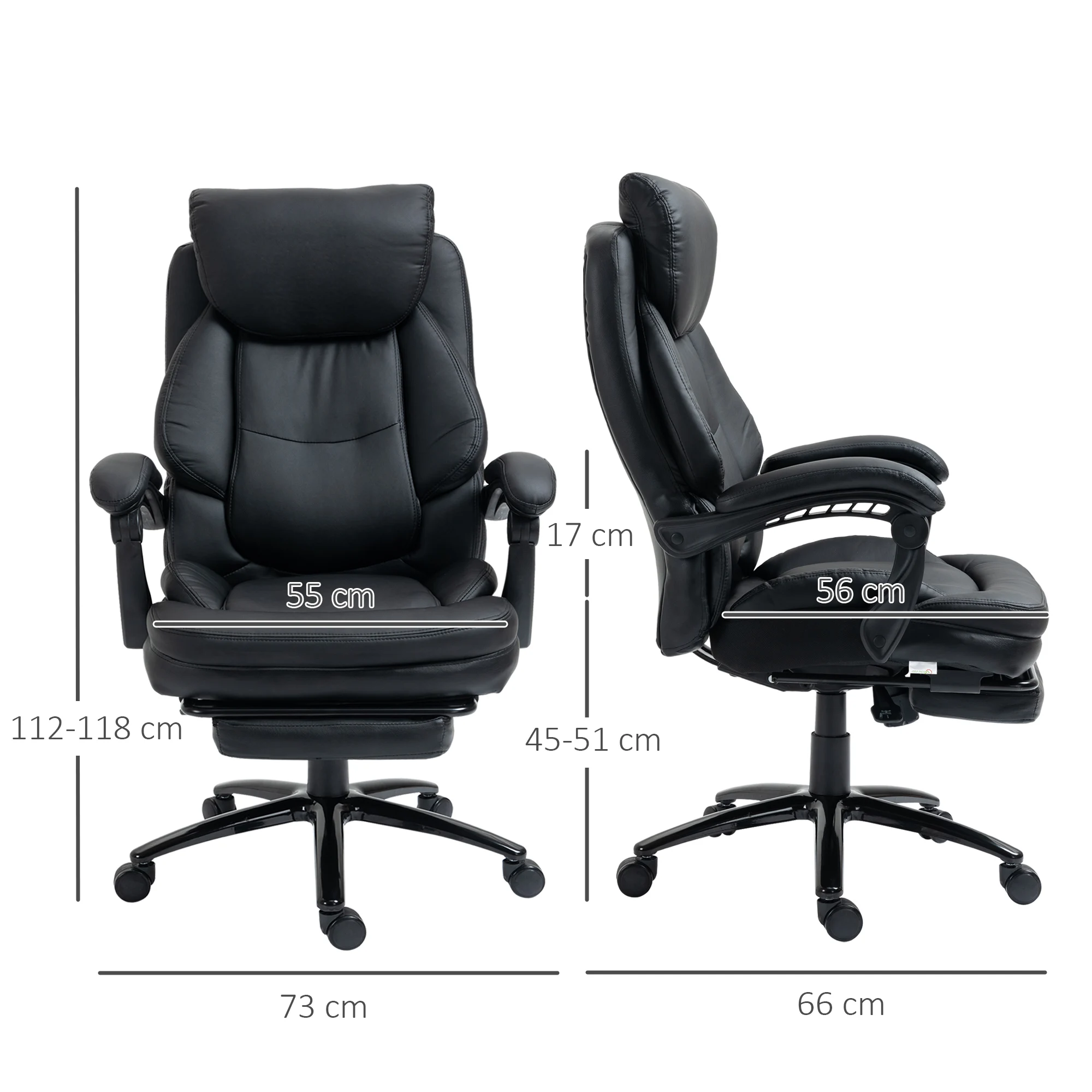 Vinsetto Silla de Oficina Ergonómica Silla de Escritorio Ajustable en Altura con Respaldo Inclinable hasta 130° Función Basculante y Resposapiés Retráctil Acero 73x66x112-118 cm Negro - imagen 3