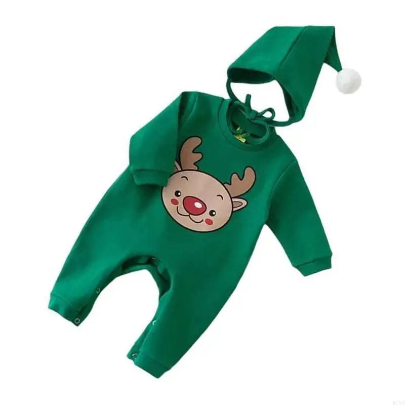 D7YD Festival bebé mameluco algodón fiesta Navidad desgaste Santa/ciervo mono y sombrero conjunto - imagen 3