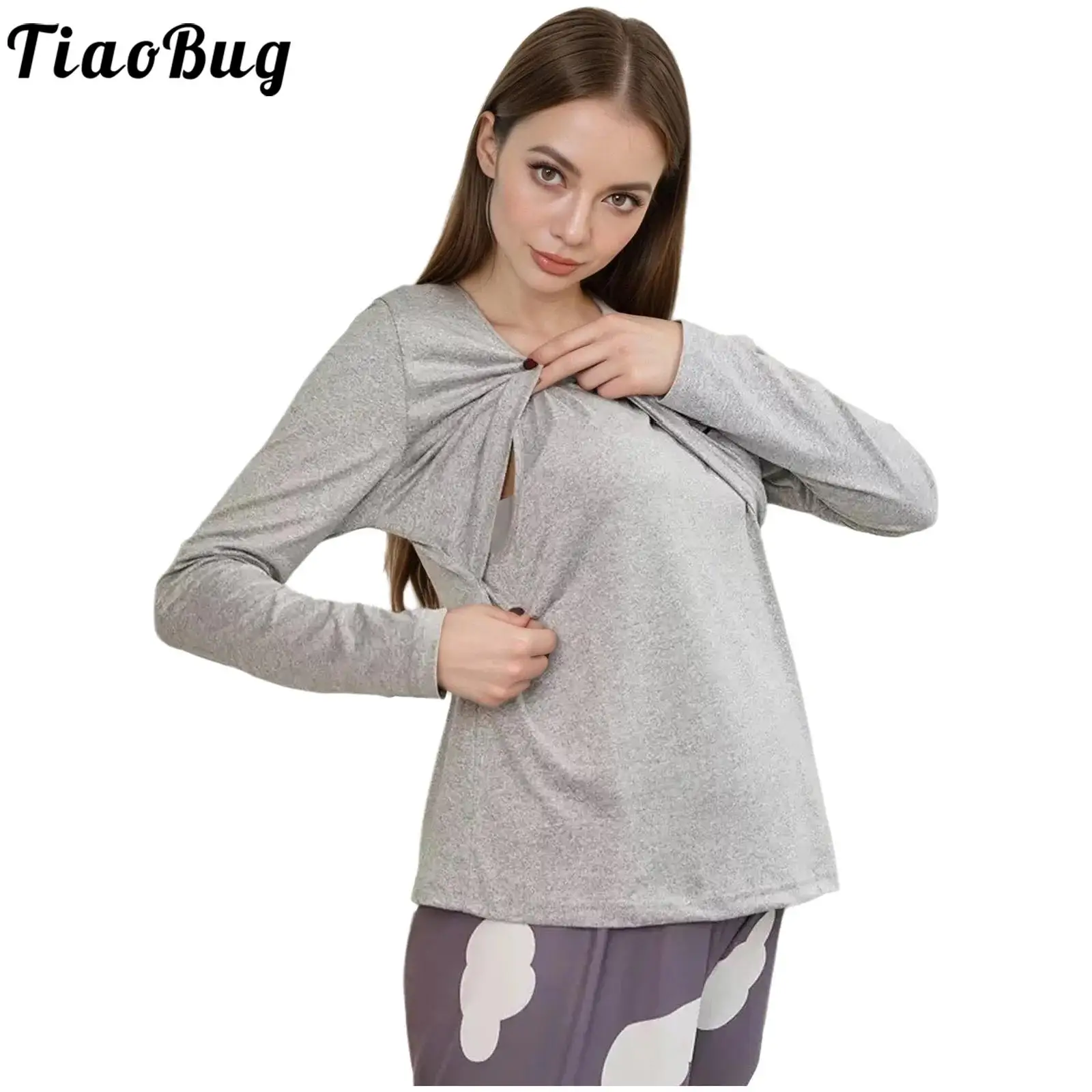 Camiseta de lactancia manga larga con doble capa y cuello redondo - imagen 2