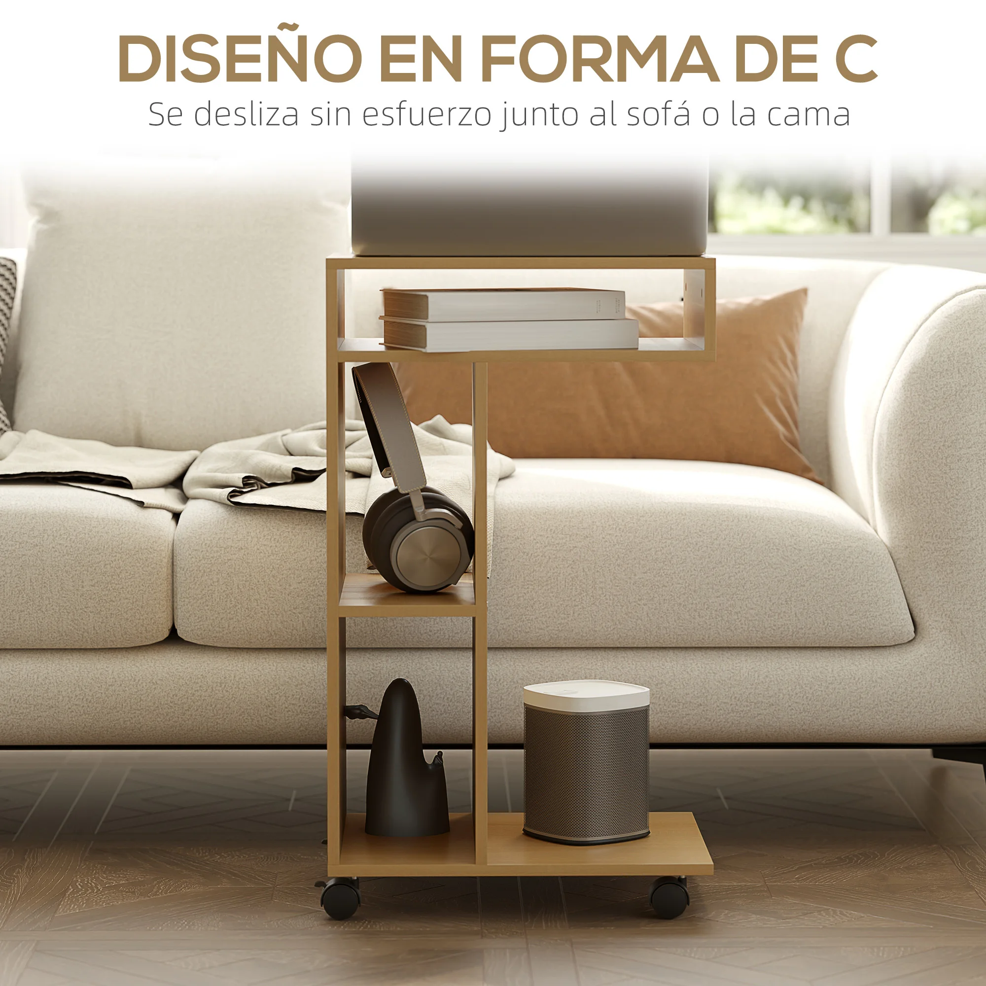 HOMCOM Mesa Auxiliar Multifuncional en Forma de C Mesa Auxiliar para Sofá con Ruedas Compartimentos Abiertos Mesa Lateral para Sofá Salón Dormitorio Oficina 40x30x69 cm Roble - imagen 5