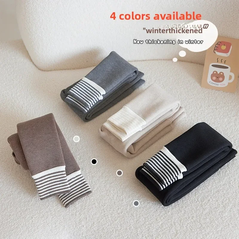 Leggings a rayas para niñas de estilo coreano de invierno y otoño: protección de cintura gruesa con forro polar, corte ajustado, versátil para uso diario - imagen 3