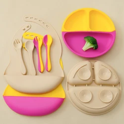 Vajilla de silicona para bebé con ventosa y babero impermeable