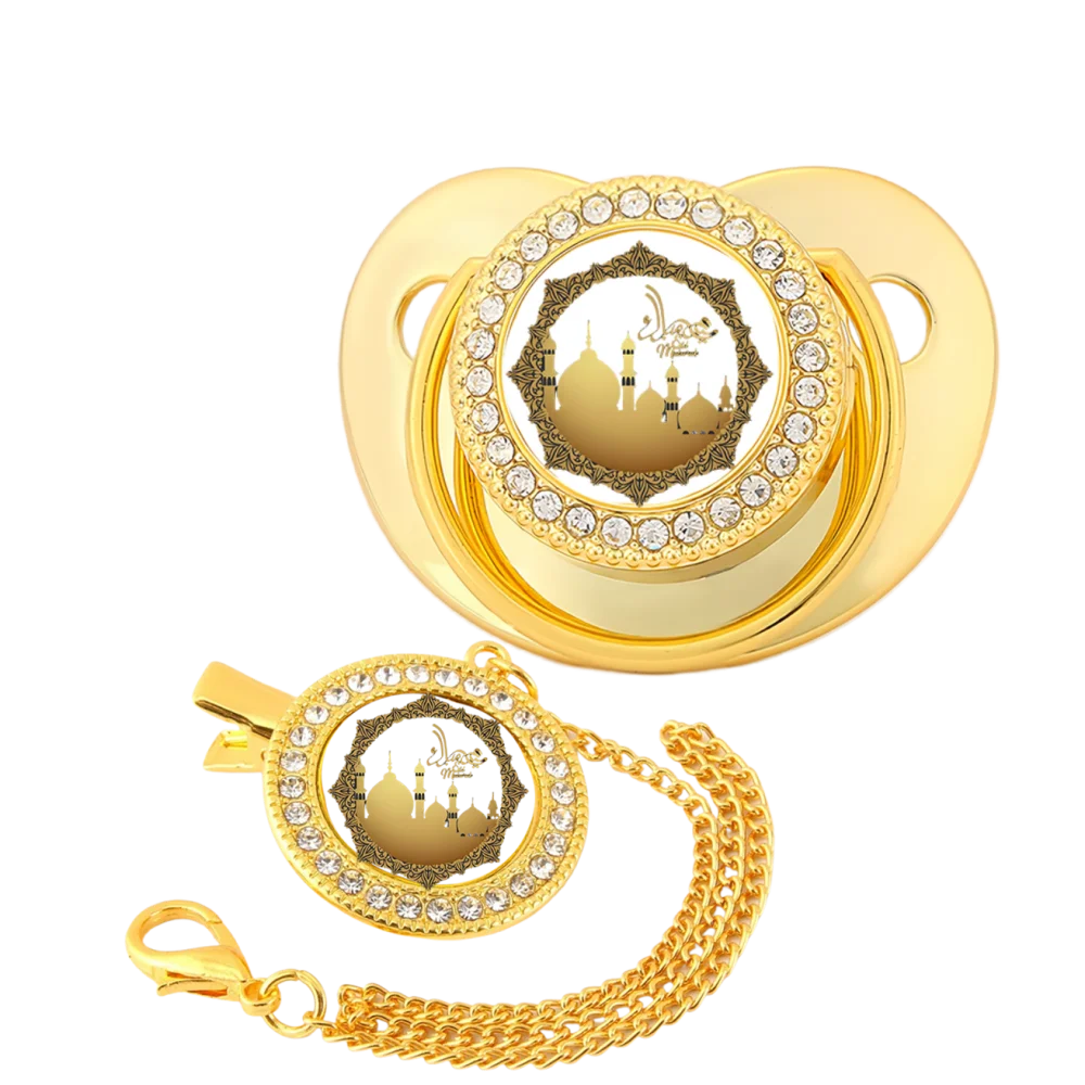 Colgante dorado de dibujos animados para bebé musulmán recién nacido, clip para chupete, soporte de cadena, dientes, juguete Kawaii para bebé, regalo para masticar la boca - imagen 2