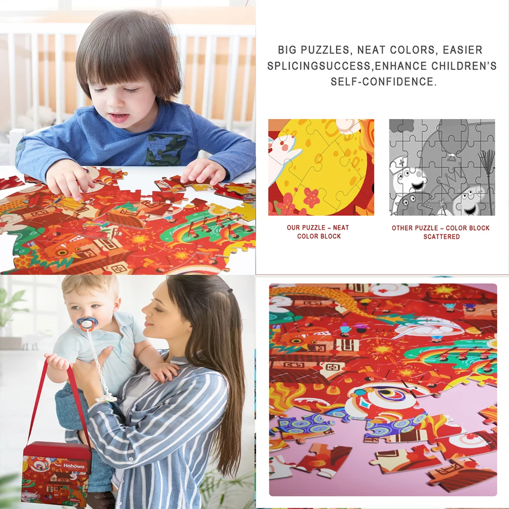 Rompecabezas de dibujos animados de dragón del zodiaco chino para niños, 100 piezas, juguetes educativos de León de Color redondo, regalo para niños - imagen 4