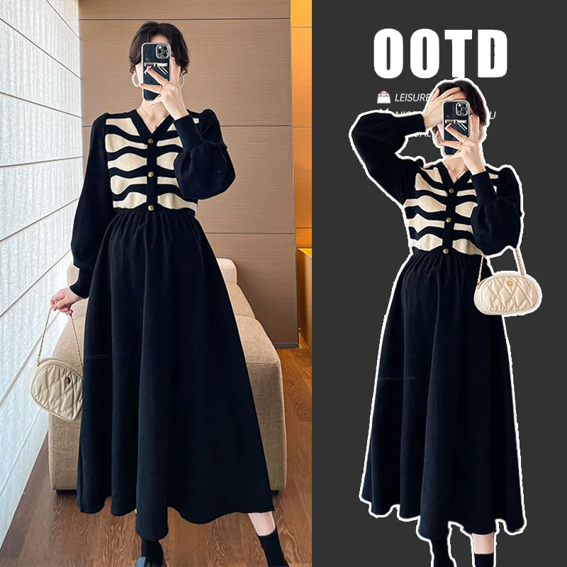 2025 Otoño Invierno moda volante Patchwork maternidad sudaderas con capucha elegante vestido suelto ropa para mujeres embarazadas Tops de embarazo - imagen 2