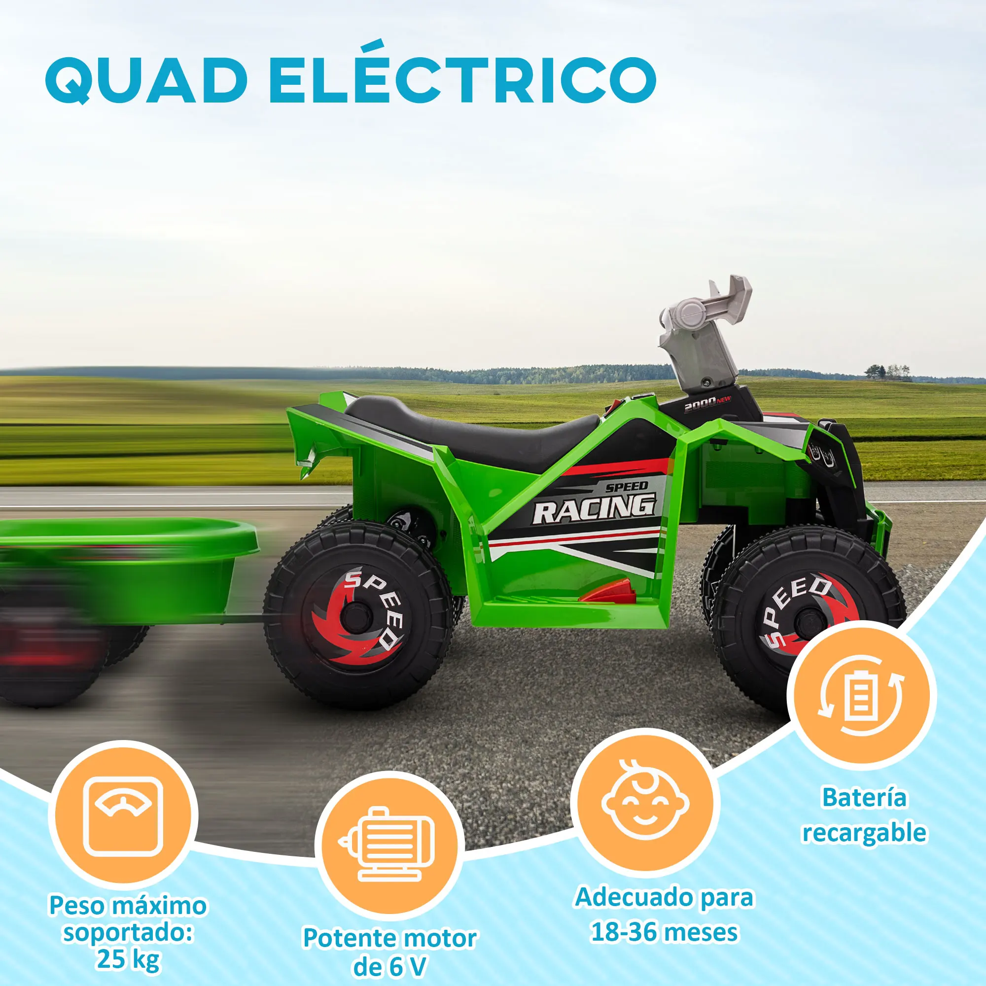 HOMCOM Quad Eléctrico para Niños con Remolque a Batería 6V Coche Eléctrico Cuatrimoto para Niños de 18-36 Meses con Velocidad 2,5 km/h Carga 25 kg 106x41,5x48,5 cm - imagen 5