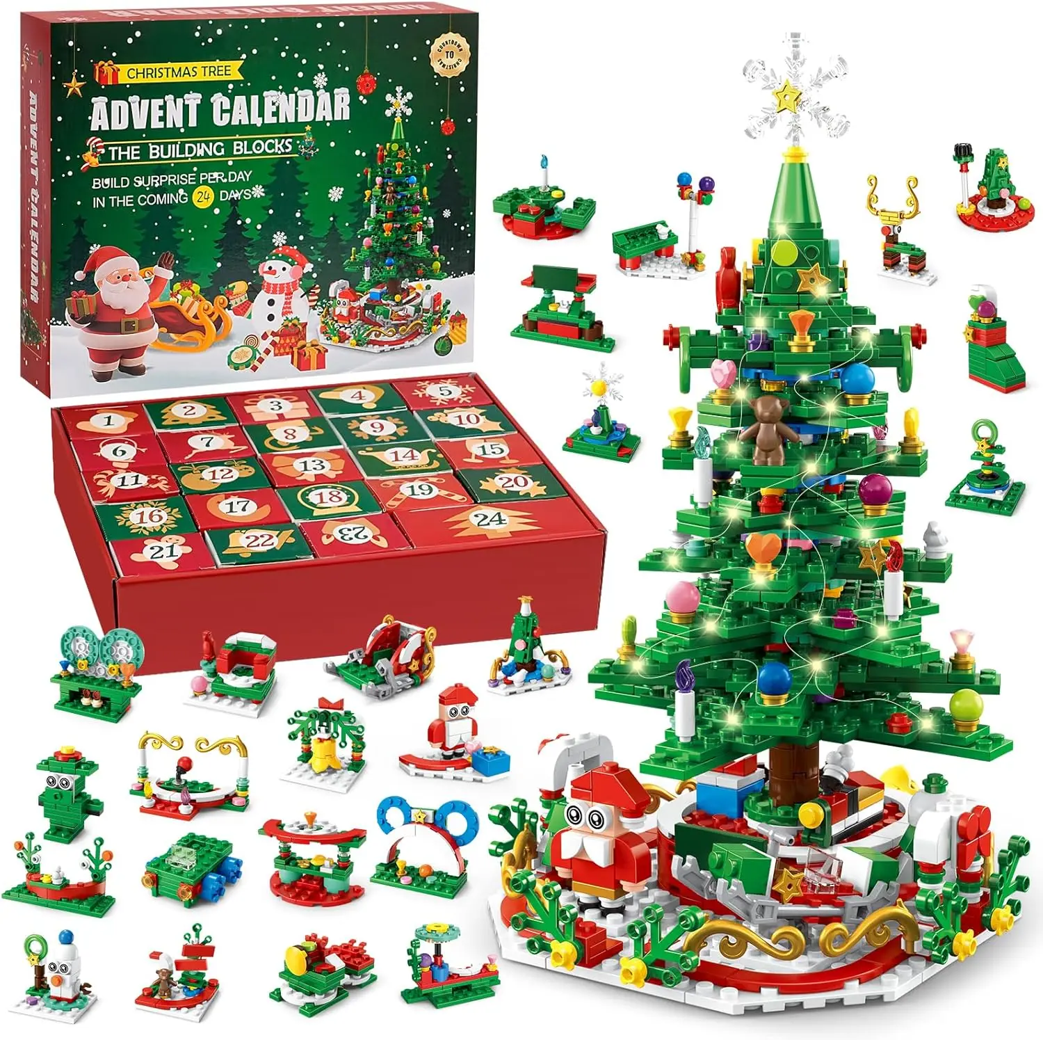 Bloques de construcción de árbol de Navidad para niños, juguete mágico de construcción de árbol de Navidad, aventura con luces LED, calendario de Adviento de Navidad, regalo